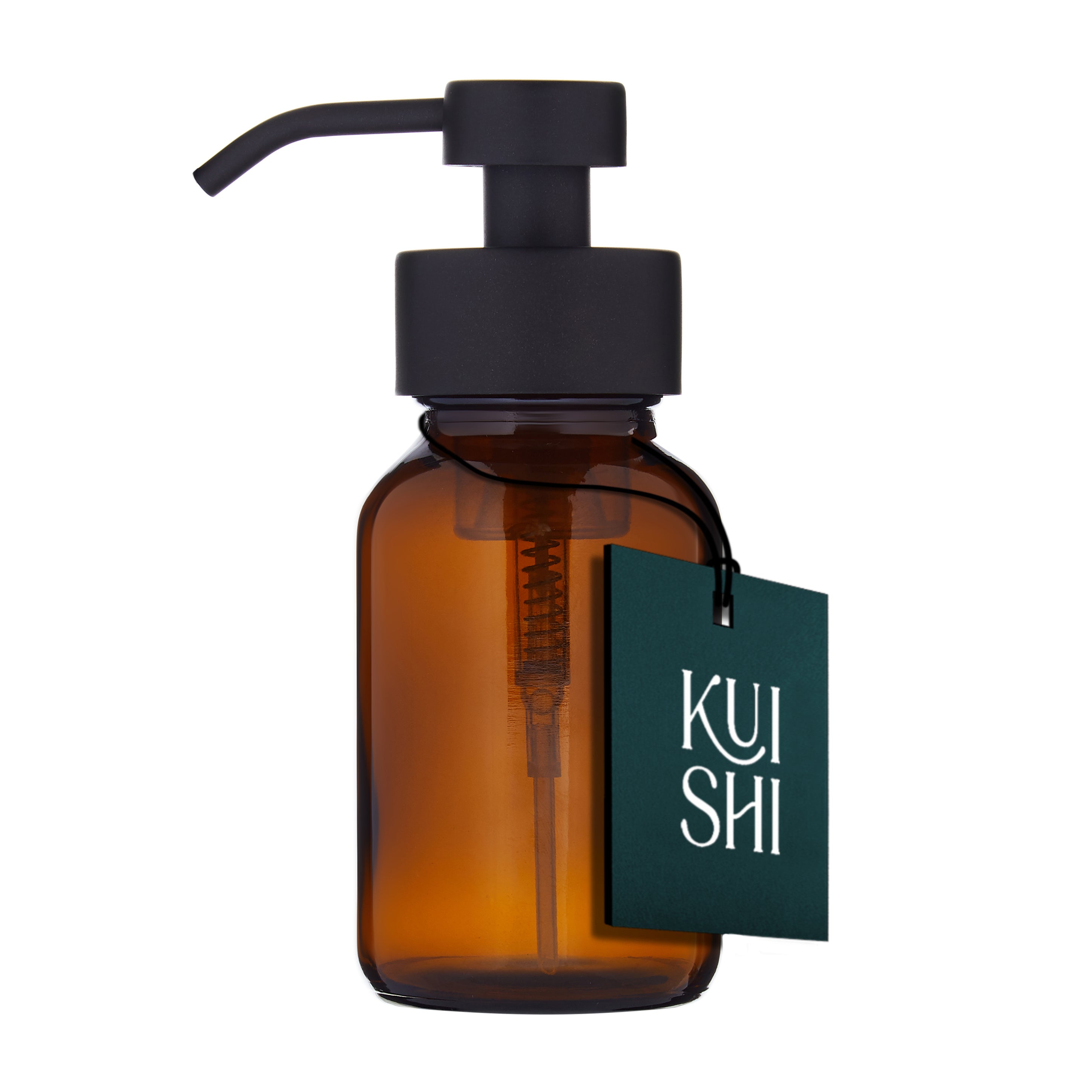 A black foaming stainless steel pump attached to a brown glass bottle with a branded tag reading 'KUISHI'. product photo from Kuishi